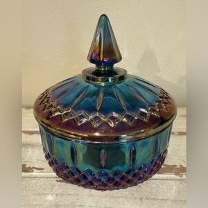 Vintage Indiana Glass Princess Iridescent Blue Carnival Lidded Candy Bowl Dish**